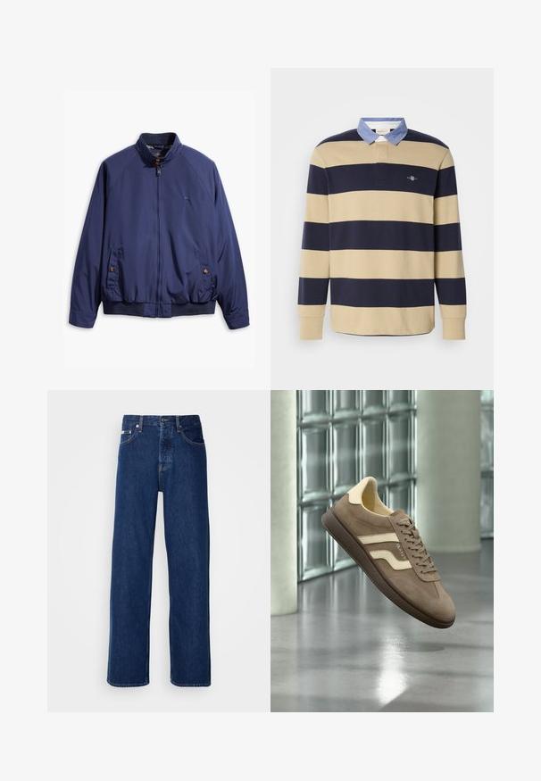 Chaqueta azul marino con cierre frontal, cuello alzado y puños elásticos. Cuenta con dos bolsillos laterales con cierre de botón y un forro a cuadros.; Camisa polo de manga larga a rayas con rayas horizontales en azul marino y beige, un cuello azul claro y un pequeño logo bordado en el pecho.; Vaqueros de mezclilla azul oscuro con un diseño de pierna ancha, que presentan un cierre de botón y el clásico estilo de cinco bolsillos. La tela tiene una textura suave.; Zapatilla de ante marrón con detalles crema y suela de goma oscura flotando en interiores junto a una pared de cristal y pilares de hormigón.