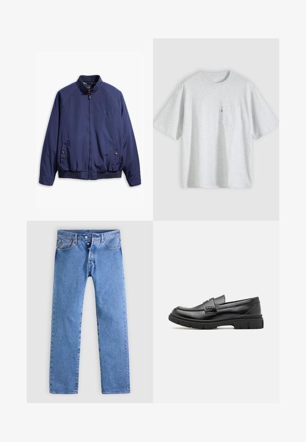 Marineblauwe jas met een rits aan de voorkant, staande kraag en elastische manchetten. Heeft twee zijzakken met knoopsluitingen en een geruite voering.; Lichtgrijs T-shirt met korte mouwen, een ronde hals en een klein borstzakje aan de linkerkant met een rode label.; Lichtblauwe spijkerbroek met een rechte pijp, vijf zakken en een gulp met twee knopen. Heeft minimale verkleuring en contrasterende naden.; Zwarte leren instapper met een brede band over de voet, rubberen zool met dikke noppen en een gladde textuur. Klassiek, strak ontwerp.