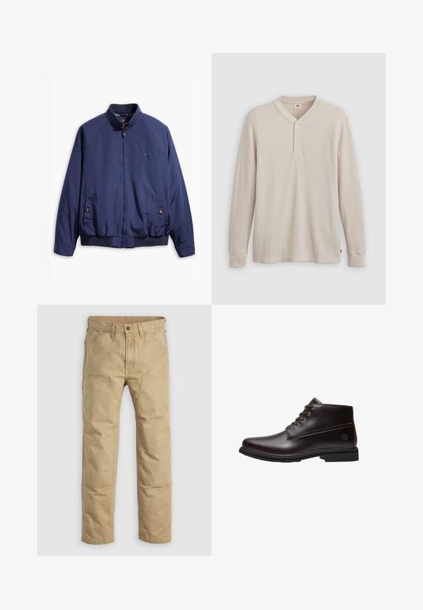 Chaqueta azul marino con cierre frontal, cuello alzado y puños elásticos. Cuenta con dos bolsillos laterales con cierre de botón y un forro a cuadros.; Camisa tipo henley de manga larga en tejido acanalado color beige claro, con escote en V,tapeta de tres botones, y mangas con puños. Etiqueta de logo roja en el dobladillo.; Pantalones de trabajo caqui confeccionados en algodón resistente, con diseño de pierna recta, paneles reforzados en las rodillas y múltiples bolsillos delanteros.; Botín de cuero marrón oscuro con cordones, suela negra y logo sutil de la marca en el lateral, mostrado de perfil sobre un fondo blanco.