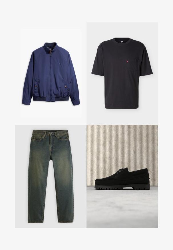 Mørkeblå jakke med lynlås foran, ståkrave og elastiske manchetter. Har to sidelommer med knaplukninger og en ternet foring.; Sort T-shirt med korte ærmer, rund hals og brystlomme med lille rød Levi's logo på lommen mod ensartet lyst baggrund.; Mørkegrønne denimjeans med fem-lommer design, knaplukning og lige ben, vist på en ensartet lys baggrund.; Sort snørestøvle med tyk rilled sål, der svæver over beige tæppe, brun moderne rundt bord i blødt oplyst rum i baggrunden.