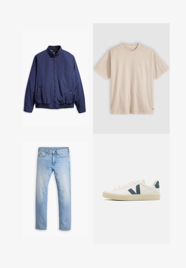 Marineblauwe jas met een rits aan de voorkant, staande kraag en elastische manchetten. Heeft twee zijzakken met knoopsluitingen en een geruite voering.; Beige T-shirt met korte mouwen en ronde hals, voorzien van een subtiel Levi's-logo op de borst en een klein rood label aan de zijnnaad.; Lichtblauwe denim jeans met een rechte pijp, vijf zakken en een knoopsluiting. Kenmerkt zich door subtiele vervaging en oranje stikselaccenten.; Witte leren sneaker met een teal suede logo, ronde neus, vetersluiting en rubberen zool met textuurdetails. Merkenaam "VEJA" in goud.