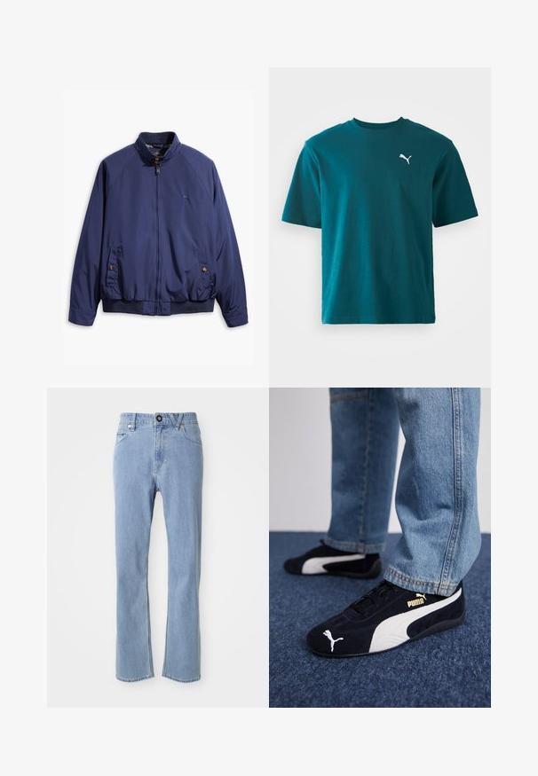Chaqueta azul marino con cierre frontal, cuello alzado y puños elásticos. Cuenta con dos bolsillos laterales con cierre de botón y un forro a cuadros.; Camiseta de algodón azul verdoso con mangas cortas, cuello redondo y un logo blanco de Puma en el lado izquierdo del pecho; textura suave y corte regular.; Jeans de mezclilla azul claro con diseño de pierna recta, estilo de cinco bolsillos, cierre de un solo botón y textura de desgastado sutil.; Zapatillas de ante negras con acentos blancos, que presentan un logo dorado. Combinadas con unos jeans de mezclilla azul claro y colocadas sobre una superficie texturizada azul.