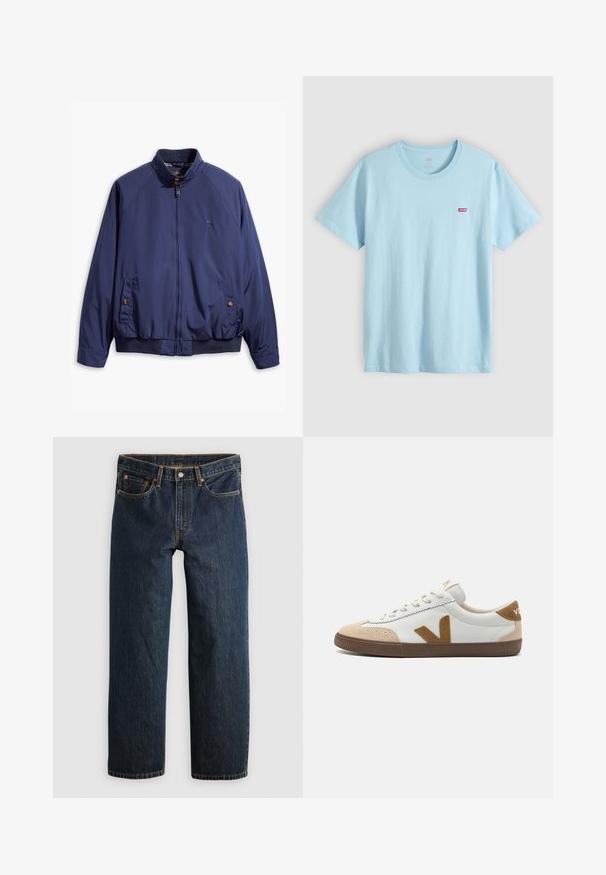 Chaqueta azul marino con cierre frontal, cuello alzado y puños elásticos. Cuenta con dos bolsillos laterales con cierre de botón y un forro a cuadros.; Camiseta de cuello redondo y manga corta de color azul claro con pequeño logo rojo de Levi's en el pecho izquierdo.; Vaqueros de mezclilla azul oscuro con corte recto. Presentan cinco bolsillos, costuras en contraste y cierre de botón en la cintura.; Zapatillas blancas con acentos de gamuza color marrón, con una suela de goma texturizada en marrón, cierre de cordones y un logo en el talón.