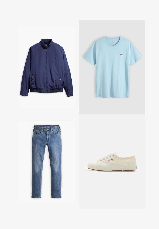 Chaqueta azul marino con cierre frontal, cuello alzado y puños elásticos. Cuenta con dos bolsillos laterales con cierre de botón y un forro a cuadros.; Camiseta de cuello redondo y manga corta de color azul claro con pequeño logo rojo de Levi's en el pecho izquierdo.; Jeans de mezclilla slim-fit en color azul con cinco bolsillos y cierre de botón, mostrando un ligero desgaste en los muslos y las rodillas, exhibidos sobre un fondo blanco.; Zapatillas de lona beige con un diseño de perfil bajo, ojales de metal y suela de goma. Presenta un patrón texturizado y detalle del logo en el lateral.