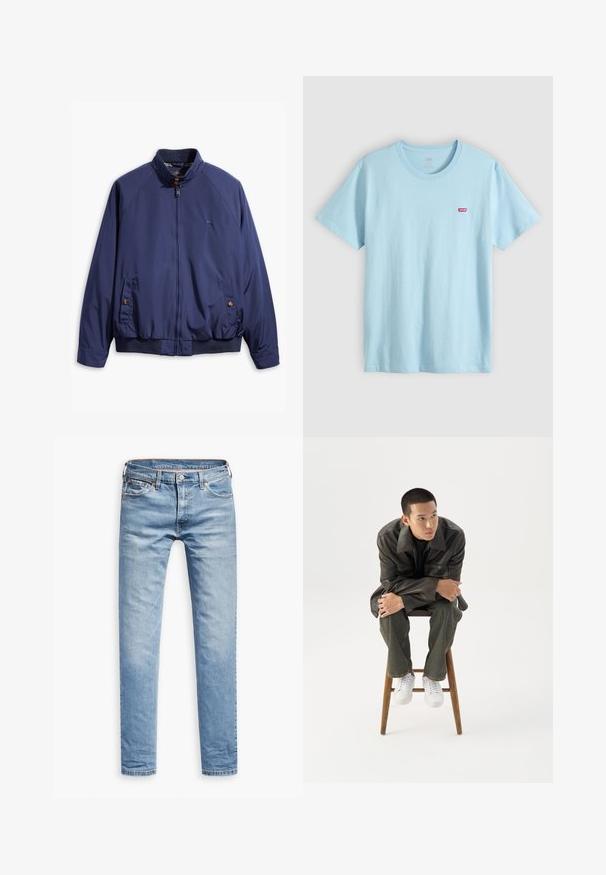 Marineblauwe jas met een rits aan de voorkant, staande kraag en elastische manchetten. Heeft twee zijzakken met knoopsluitingen en een geruite voering.; Lichtblauw T-shirt met korte mouwen en ronde hals met klein rood Levi's-logo op de linkerborst.; Lichtblauwe denim jeans, rechte pasvorm, vijf-pocket ontwerp, met een rits en knoopsluiting. Soepele textuur met subtiele vervagingsdetails.; Jonge man in een donkere leren jas en spijkerbroek zit op een houten kruk, leunt naar voren met gekruiste armen en kijkt naar de zijkant tegen een witte achtergrond.