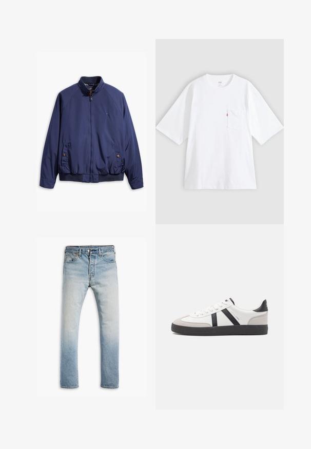 Chaqueta azul marino con cierre frontal, cuello alzado y puños elásticos. Cuenta con dos bolsillos laterales con cierre de botón y un forro a cuadros.; Camiseta blanca de algodón con mangas cortas, cuello redondo y bolsillo en el pecho izquierdo. Presenta una pequeña etiqueta con logo rojo en el bolsillo.; Levi's® 501® '93 STRAIGHT - Vaqueros rectos - who cares; Zapatilla blanca con acentos en negro y gris, que presenta una puntera texturizada en gris, suela de goma negra y cordones planos blancos. Diseño limpio, estilo minimalista.