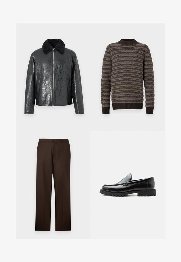 Sort faux læderjakke med en skinnende, struktureret overflade. Har en sort shearlingkrave og lynlås fortil. To sidelommer inkluderet.; Brun strikket sweater med et stribet mønster med varierende teksturer, en ribbet rund hals og lange ærmer.; Brune, skræddersyede bukser med lige ben-design, knaplukning og glat stoftekstur. Ingen synlige mønstre eller accenter.; Sort læderloafer med chunky gummisål, syet overdel og præget mærkenavn på hælen, vist i sideprofil på hvid baggrund.
