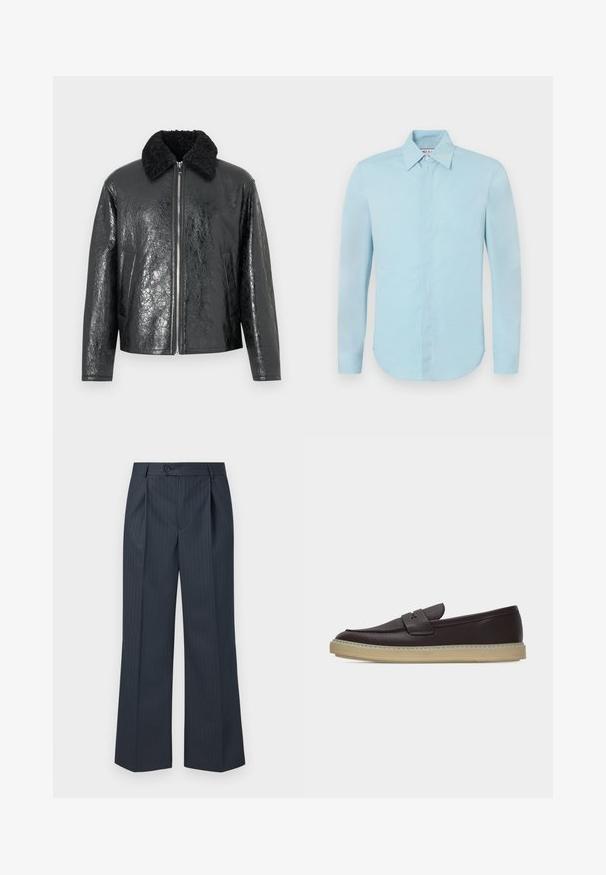 Sort faux læderjakke med en skinnende, struktureret overflade. Har en sort shearlingkrave og lynlås fortil. To sidelommer inkluderet.; Paul & Joe COSMA - Skjorter - bleu; Marine-stribede bukser med vide ben, frontfolder, enkelt knaplukning og glat stof. Har vertikale grønne stregdetaljer.; Mørkebrun læderloafer med beige gummisål og slip-on-design, vist i sideprofil på hvid baggrund.