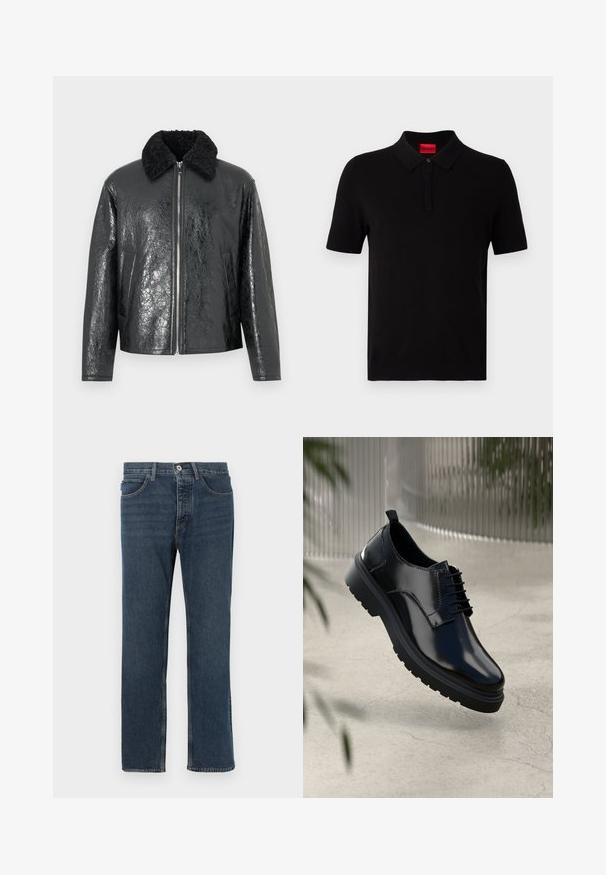 Chaqueta de cuero sintético negra con un acabado brillante y texturizado. Presenta un cuello de borrego negro y cierre frontal con cremallera. Incluye dos bolsillos laterales.; Camisa polo negra hecha de algodón suave. Presenta un cuello clásico, mangas cortas y una etiqueta roja en el escote. Sin patrones ni adornos.; Vaqueros de mezclilla azul oscuro con corte recto, cinco bolsillos, cierre de botón y costuras visibles. El material tiene una textura con un diseño clásico.; Zapato de cuero negro con un acabado brillante, puntera redonda, diseño de cordones, costuras de contraste y una suela de goma gruesa con patrones de tracción.
