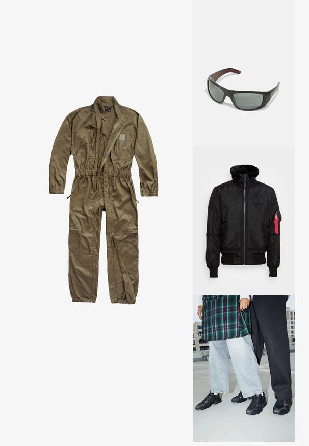 Schwarze Bomberjacke mit einem Kunstfellkragen, Reißverschluss, gerippten Bündchen und einem roten Stoffetikett am linken Arm. Glattes Material mit Struktur.; Olivgrüner Utility-Overall aus strapazierfähigem Stoff, mit einem Reißverschluss vorne, elastischem Bund und mehreren Taschen am Oberkörper und an den Beinen.; Schwarze Sportschuhe mit Mesh- und Gummielementen. Kombiniert mit hellgrauen weiten Jeans und einem karierten grünen Oberteil. Flacher Hintergrund.; Arnette HOT SHOT - Sonnenbrille - dark grey