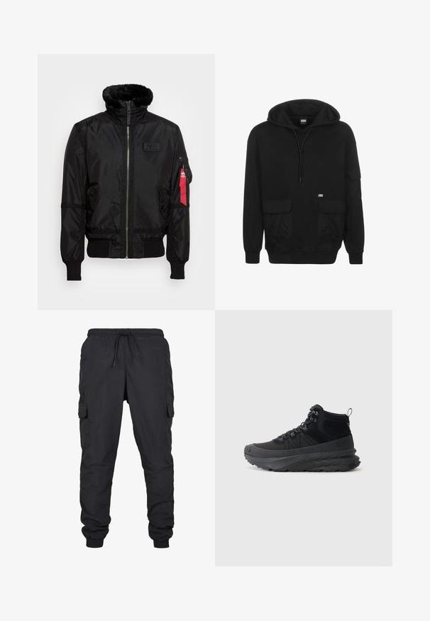 Schwarze Bomberjacke mit einem Kunstfellkragen, Reißverschluss, gerippten Bündchen und einem roten Stoffetikett am linken Arm. Glattes Material mit Struktur.; Schwarzer Kapuzenpulli aus weichem Stoff, mit einer Kordelzugkapuze, Fronttaschen und einem Logo-Patch auf der linken Brustseite.; Schwarze Cargo-Hosen mit elastischem Bund und Kordelzug, ausgestattet mit seitlichen Taschen und gerippten Säumen. Hergestellt aus leichtem, strapazierfähigem Stoff.; Schwarzer High-Top-Sneaker aus strukturiertem Material mit Gummisohle, mit Schnürverschluss, gepolstertem Kragen und Zugschlaufe an der Ferse.