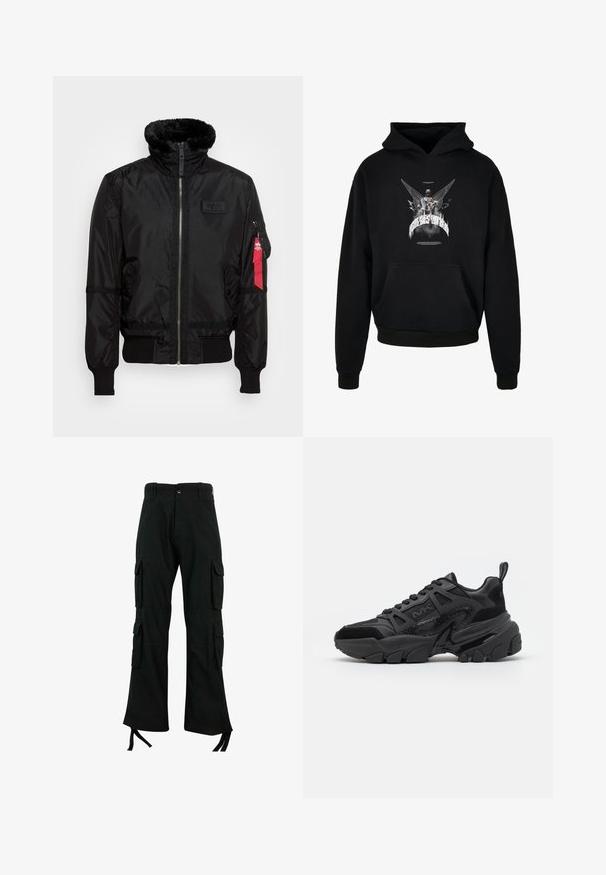 Chaqueta bomber negra con un cuello de pelaje sintético, cierre de cremallera, puños acanalados y una etiqueta de tela roja en el brazo izquierdo. Material suave con textura.; Sudadera negra con capucha y bolsillo frontal, con una impresión gráfica de una figura con alas y texto estilizado en blanco y gris.; Los pantalones cargo negros, hechos de un tejido duradero, cuentan con múltiples bolsillos laterales, un diseño de pierna recta y lazos en el dobladillo para un ajuste ajustable.; Zapatillas negras que combinan materiales lisos y texturizados, con suela gruesa, diseño con cordones y acentos laterales distintivos.