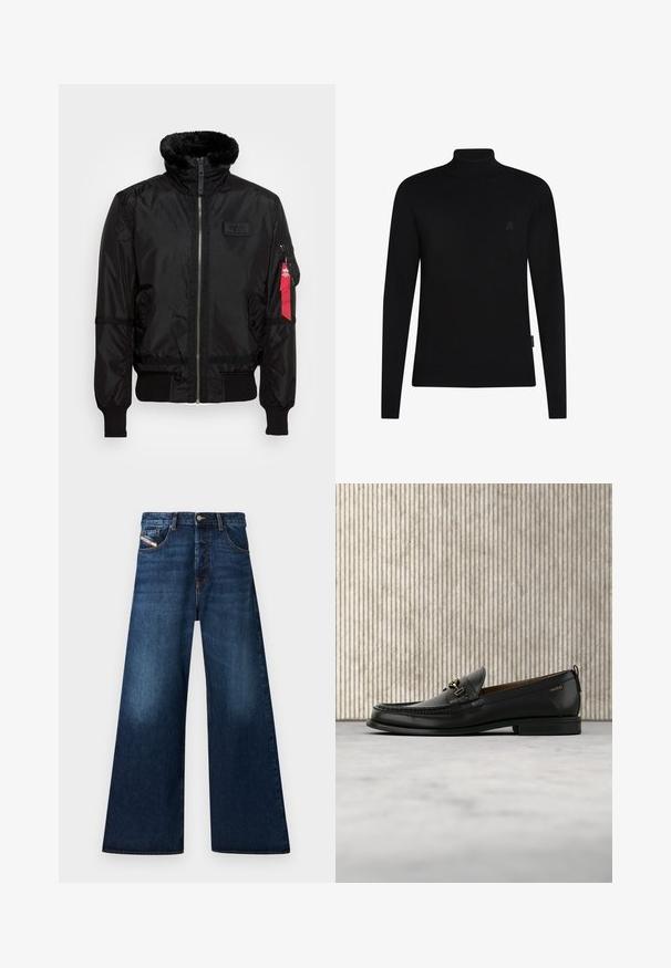 Schwarze Bomberjacke mit einem Kunstfellkragen, Reißverschluss, gerippten Bündchen und einem roten Stoffetikett am linken Arm. Glattes Material mit Struktur.; Schwarzer Rollkragenpullover aus Strickstoff mit langen Ärmeln; mit gerippten Bündchen und Saum; kleines, dezentes Logo auf der Brust.; Weite, dunkle Denim-Jeans mit hohem Bund. Mit fünf Taschen, einem Knopfverschluss und einem abgeriebenen Finish near den Oberschenkeln.; Schwarzer Lederloafer mit goldfarbenem Metallbit und "HUGO"-Markenlogo, präsentiert vor einem beigen Teppich und braunen durchsichtigen Möbelstücken.