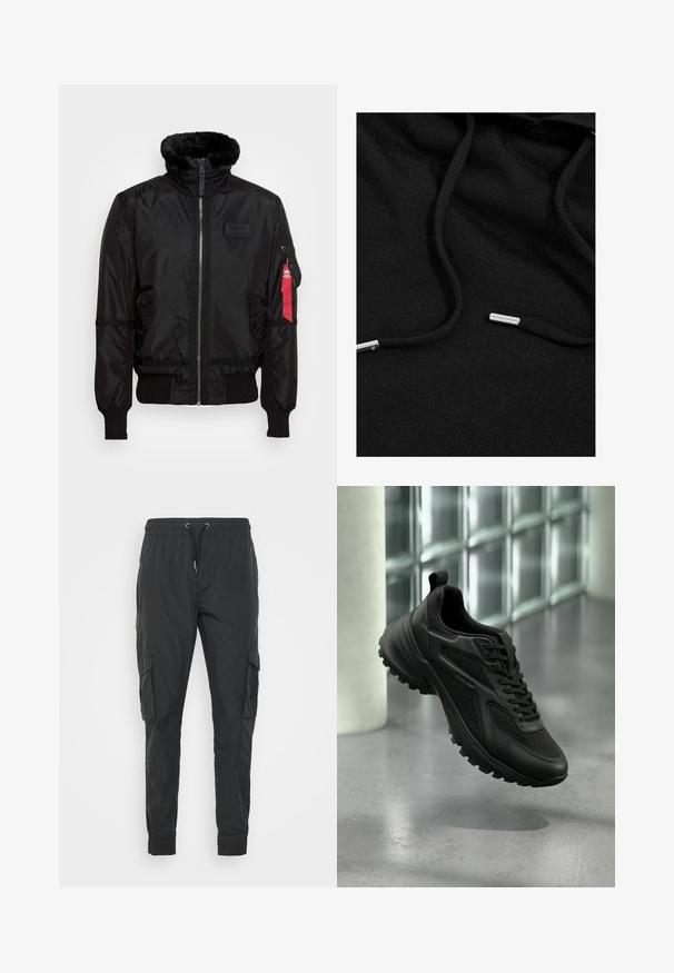 Chaqueta bomber negra con un cuello de pelaje sintético, cierre de cremallera, puños acanalados y una etiqueta de tela roja en el brazo izquierdo. Material suave con textura.; Sudadera negra hecha de tela suave. Presenta cordones con puntas metálicas y una superficie texturada. Diseño minimalista sin patrones.; Pantalones cargo negros hechos de un tejido ligero, con una cintura ajustable con cordón, puños elásticos y dos bolsillos laterales.; Zapatilla deportiva negra con suela texturizada y cordones, flotando sobre un suelo gris con fondo de pared de bloques de vidrio.