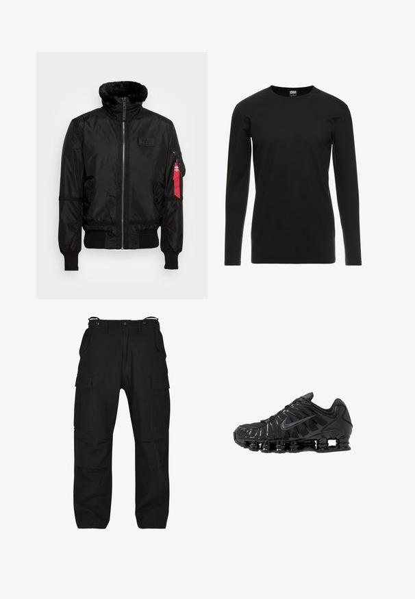 Čierna bomber bunda s kožušinovým golierom, so zipsom, rebrovanými manžetami a červenou textilnou visasou na ľavom ramene. Hladký materiál s textúrou.; Urban Classics STRETCH TERRY - Top s dlhým rukávom - black; Čierne cargo nohavice vyrobené z odolnej tkaniny. Obsahujú viacero vreciek, voľný strih a zips s gombíkovým zapínaním. Zosilnené švy.; Čierne športové topánky vyrobené zo sieťoviny a syntetických materiálov, s výrazným vlnitým dizajnom, čiernou gumovou podrážkou a reflexnými prvkami.