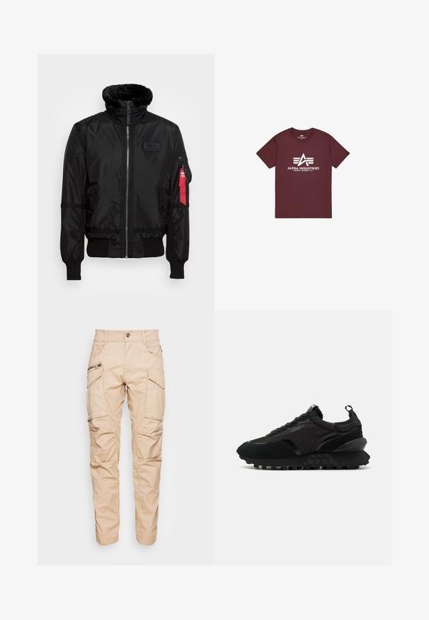 Sorte bomberjakke med et kunstpelskrave, lynlås lukning, ribbede manchetter og et rødt stofmærke på venstre arm. Glat materiale med struktur.; Bordeauxrød T-shirt lavet af bomuld med korte ærmer. Indeholder hvidt logo og tekst, rund hals og lige kant. Ingen yderligere mønstre eller accenter.; Beige cargo bukser lavet af slidstærkt stof, med flere lommer, lynlåsdetaljer og et let affaset bendesign.; Sorte sneakers lavet af ruskind og mesh, med en tyk sål med teksturerede detaljer, rund tå og snørresystem i et minimalistisk design.