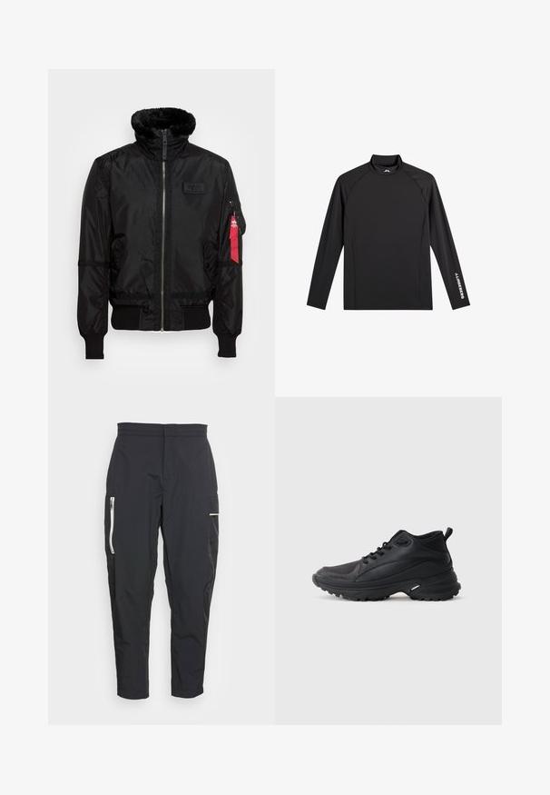 Zwarte bomberjack met een nepbont kraag, ritssluiting, geribbelde manchetten en een rode stoffen label op de linkermouw. Glad materiaal met textuur.; Zwart sporttopje met lange mouwen, opstaande kraag, slim fit en witte "J.Lindeberg"-logo op linkerarm en kraag.; Zwarte cargobroek van lichtgewicht stof. Kenmerken zijn onder andere rits zijzakken en een gestructureerd accent op de dij. Tailored fit.; Zwarte sportschoenen gemaakt van synthetisch materiaal. Voorzien van een gevoerde kraag, ronde neus, stevige buitenzool met grip en merkembleem.