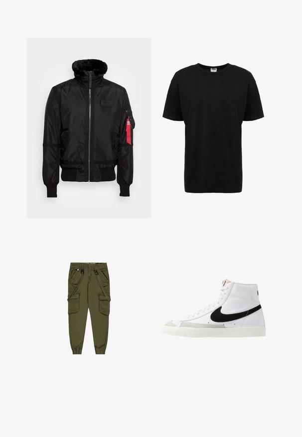 Sorte bomberjakke med et kunstpelskrave, lynlås lukning, ribbede manchetter og et rødt stofmærke på venstre arm. Glat materiale med struktur.; Sort bomulds t-shirt med rund hals, korte ærmer, standard pasform, glat tekstur og ingen synlige mønstre eller detaljer.; Olivengrønne cargo-bukser med justerbare stropper, flere forlommer, elastiske manchetter og et slidstærkt stof. Har metalhardware-detaljer.; Hvide høje sneakers med et sort swoosh, struktureret grå tåhætte og flad hvid sål. Har seks snørrehuller og syede detaljer.