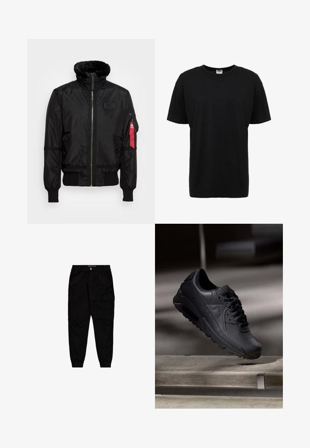 Schwarze Bomberjacke mit einem Kunstfellkragen, Reißverschluss, gerippten Bündchen und einem roten Stoffetikett am linken Arm. Glattes Material mit Struktur.; Schwarzes Baumwoll-T-Shirt mit Rundhalsausschnitt, kurzen Ärmeln, normaler Passform, glatter Textur und ohne sichtbare Muster oder Akzente.; Schwarze Cargo-Hosen aus Baumwolle, ausgestattet mit zwei Fronttaschen und zwei seitlichen Cargo-Taschen, mit elastischen Bündchen und einem elastischen Bund.; Schwarze Nike Air Max Sneaker mit einem strukturierten Leder-Obermaterial, Gummisohle und auffälligem Schnürsystem, das ein schlankes, modernes Design präsentiert.