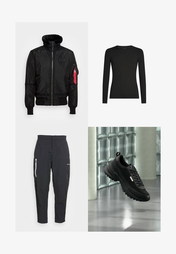 Chaqueta bomber negra con un cuello de pelaje sintético, cierre de cremallera, puños acanalados y una etiqueta de tela roja en el brazo izquierdo. Material suave con textura.; Camiseta negra de manga larga ajustada con cuello redondo y un sutil logo de Icebreaker en la manga izquierda, mostrada sobre un fondo blanco.; Pantalones cargo negros hechos de una tela ligera. Sus características incluyen bolsillos laterales con cremallera y un acento texturizado en el muslo. Ajuste entallado.; Zapatilla deportiva negra con paneles laterales de malla y suela gruesa flotando en interiores cerca de bloques de vidrio y columnas sobre un suelo liso.