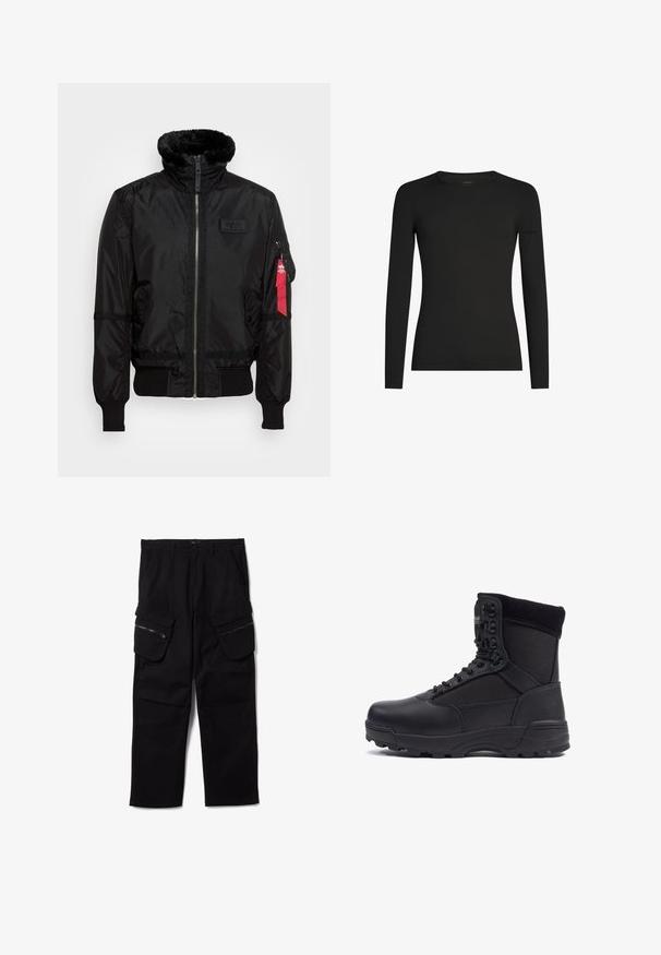 Schwarze Bomberjacke mit einem Kunstfellkragen, Reißverschluss, gerippten Bündchen und einem roten Stoffetikett am linken Arm. Glattes Material mit Struktur.; Schwarzes, langärmeliges, figurbetontes T-Shirt mit Rundhalsausschnitt und dezentem Icebreaker-Logo auf dem linken Ärmel, dargestellt vor weißem Hintergrund.; Schwarze Cargo-Hosen mit großen Reißverschluss- und Klappentaschen an den Oberschenkeln, geradem Beinschnitt und Gürtelschlaufen an der Taille.; Schwarzer taktischer Stiefel mit einem glatten Lederoberteil und Stoffpaneelen, hoher Knöchelgestaltung, schnürbarem vorderen Teil und robustem Gummisohle.