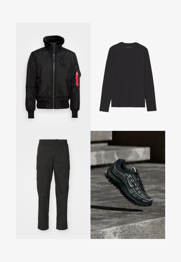 Chaqueta bomber negra con un cuello de pelaje sintético, cierre de cremallera, puños acanalados y una etiqueta de tela roja en el brazo izquierdo. Material suave con textura.; Camiseta negra de manga larga hecha de tela suave y ligera. Presenta un cuello redondo y un dobladillo recto. Sin patrones ni adornos visibles.; Pantalones cargo negros con cintura elástica, cinco bolsillos que incluyen dos bolsillos laterales, hechos de una tela suave con un diseño de pierna recta.; Zapatilla Nike Air Max negra y gris flotando sobre escalones de hormigón gris con fondo de suelo texturizado.