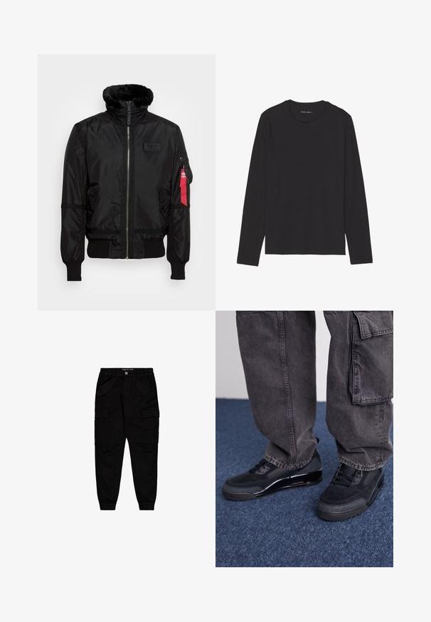 Schwarze Bomberjacke mit einem Kunstfellkragen, Reißverschluss, gerippten Bündchen und einem roten Stoffetikett am linken Arm. Glattes Material mit Struktur.; Schwarzes Langarm-T-Shirt aus weichem, leichtem Stoff. Verfügt über einen runden Halsausschnitt und einen geraden Saum. Keine sichtbaren Muster oder Akzente.; Schwarze Cargo-Hosen aus Baumwolle, ausgestattet mit zwei Fronttaschen und zwei seitlichen Cargo-Taschen, mit elastischen Bündchen und einem elastischen Bund.; Schwarze Sportschuhe mit einer strukturierten Oberfläche, glatten Akzenten und einer chunky Sohle, kombiniert mit dunklen, lässig sitzenden Cargo-Hosen.