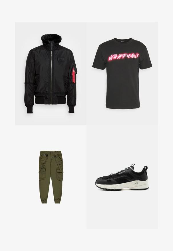 Chaqueta bomber negra con un cuello de pelaje sintético, cierre de cremallera, puños acanalados y una etiqueta de tela roja en el brazo izquierdo. Material suave con textura.; Camiseta de algodón negra con un atrevido texto gráfico en blanco y rosa que dice "¿QUÉ ES?" en una fuente de estilo neón. Diseño de mangas cortas y cuello redondo.; Pantalones cargo verdes oliva con correas ajustables, múltiples bolsillos frontales, puños elásticos y una tela duradera. Presenta detalles en metal.; Zapatilla negra y blanca de Armani Exchange con paneles de malla, cordones blancos y una suela gruesa con el logotipo A|X en el talón.