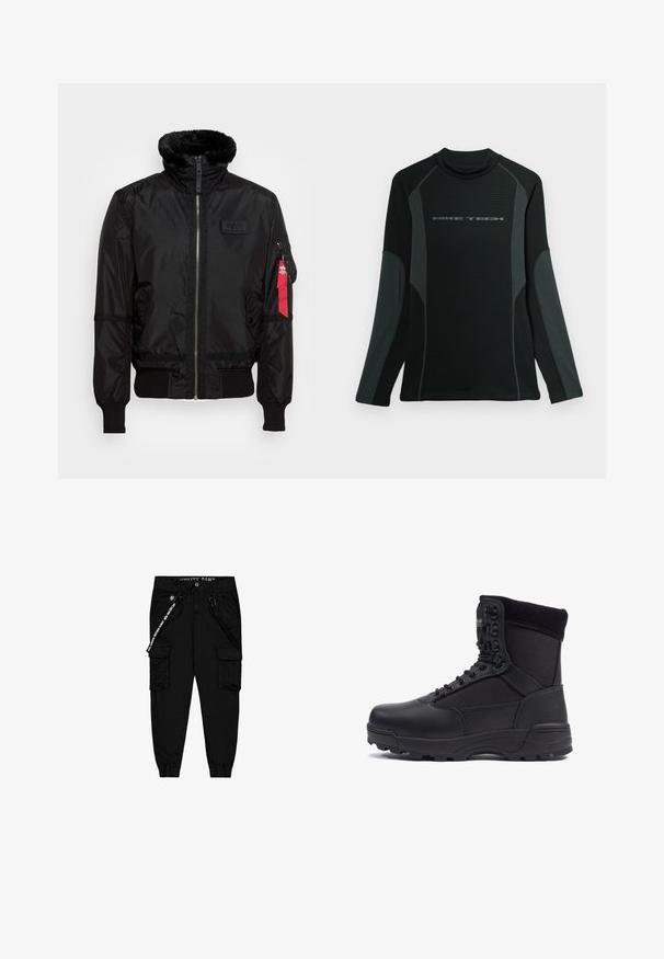 Schwarze Bomberjacke mit einem Kunstfellkragen, Reißverschluss, gerippten Bündchen und einem roten Stoffetikett am linken Arm. Glattes Material mit Struktur.; Schwarzes langärmliges Shirt mit hohem Kragen, aus strukturiertem Stoff. Hat graue Seitenpanels und das "NIKE TECH"-Logo auf der Brust.; Schwarze Cargo-Hose aus leichtem Stoff, mit zwei Seitentaschen, einem elastischen Bund und verstellbaren Beinabschlüssen.; Schwarzer taktischer Stiefel mit einem glatten Lederoberteil und Stoffpaneelen, hoher Knöchelgestaltung, schnürbarem vorderen Teil und robustem Gummisohle.