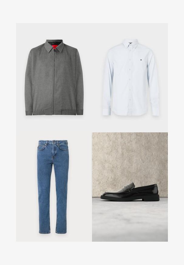 Grijze jas met een kraag, ritssluiting aan de voorkant en zijzakken. Heeft een gestructureerde stof en elastische manchetten.; Lichtblauw gestreept overhemd met lange mouwen, een button-down kraag en een klein logo op de borst; gemaakt van katoen, met witte knopen.; Blauwe denim jeans met een rechte pijp, voorzien van een klassiek ontwerp met vijf zakken, riemlussen en contrasterende stikdetails.; Zwarte gepolijste leren loafer die boven een beige tapijt zweeft met oranje doorschijnend meubilair op de achtergrond.