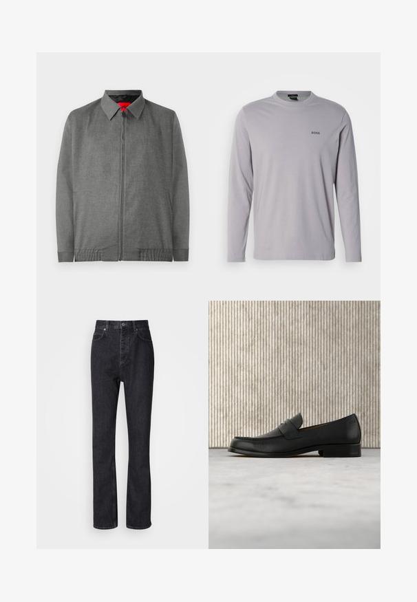 Chaqueta gris con cuello en contraste, cierre delantero con cremallera y bolsillos laterales. Presenta una tela texturizada y puños elásticos.; Camiseta de manga larga de algodón gris claro, con cuello redondo y un pequeño logo negro "BOSS" en el pecho izquierdo.; Jeans de mezclilla negros de cintura alta con cierre de botón y cremallera, bolsillos frontales y traseros, y corte recto.; Zapato mocasín de cuero negro flotando sobre una alfombra beige con una mesa redonda marrón brillante al fondo.