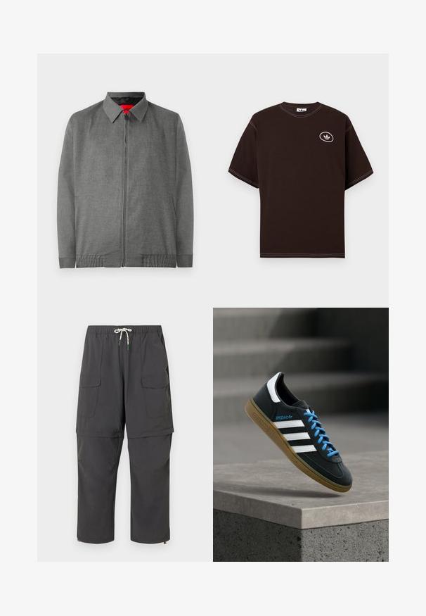 Veste grise avec un col, fermeture éclair à l'avant et poches latérales. Conçue avec un tissu texturé et des poignets élastiqués.; T-shirt marron foncé à manches courtes avec des surpiqûres blanches et un petit logo trefoil blanc d'Adidas entouré d'un cercle sur la poitrine gauche.; Pantalons cargo convertibles gris foncé avec taille à cordon, poches à rabat et jambes zippées qui se transforment en shorts.; Baskets Adidas noires avec des rayures blanches, des lacets bleus et une semelle en gomme flottant au-dessus d'une marche en béton grise sous une lumière douce.