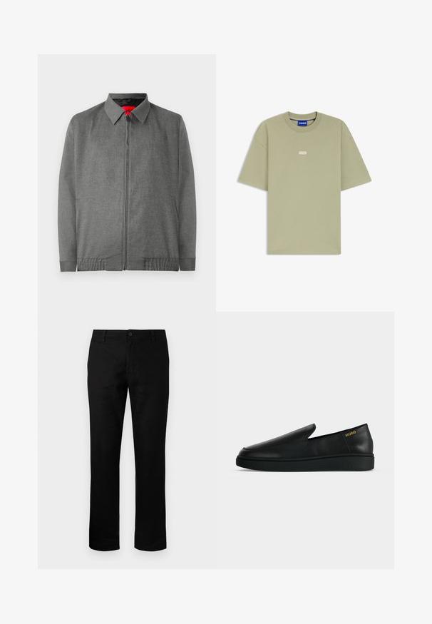 Chaqueta gris con cuello en contraste, cierre delantero con cremallera y bolsillos laterales. Presenta una tela texturizada y puños elásticos.; Camiseta de manga corta de color verde oliva claro con cuello redondo y pequeño logo blanco "HUGO" centrado en el pecho.; Pantalones negros de pierna recta con cierre de botón, pasadores para cinturón y bolsillos delanteros, exhibidos sobre un fondo claro y liso.; Zapato negro de cuero sin cordones con suela gruesa y marca "HUGO" en dorado cerca del talón sobre un fondo liso gris claro.