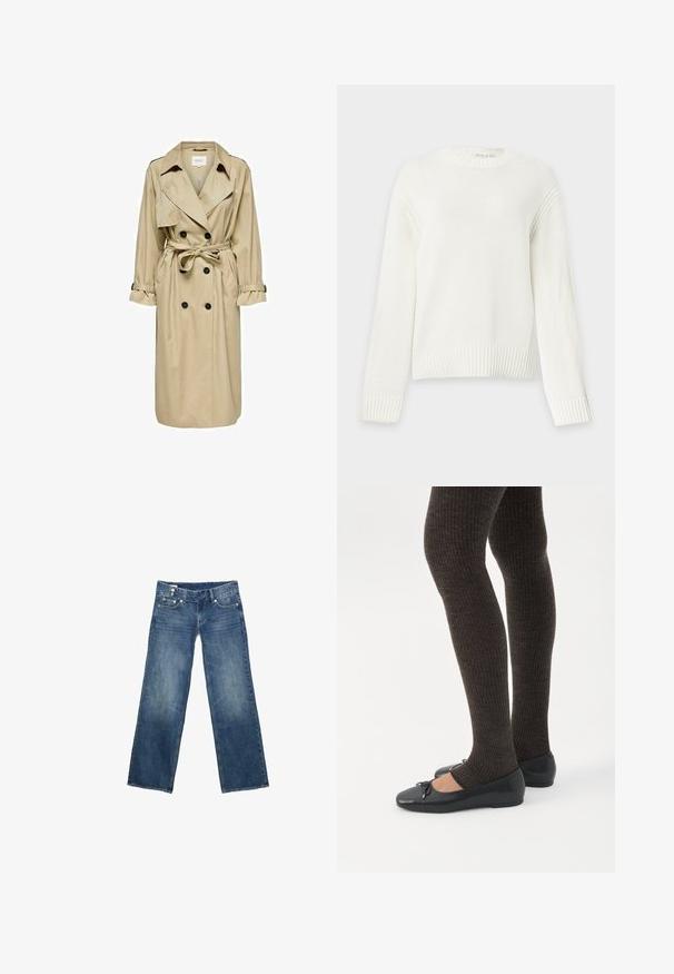 Beige trenchcoat med dobbeltknaplukning, stor krave og bælte. Den har lange ærmer med justerbare manchetter og sidelommer.; Hvid strikket trøje med lange ærmer med ribstrikkede manchetter, kant og rund halsudskæring, vist på en ensfarvet lys baggrund.; Blå denimjeans med vide lige ben, forlommer og knaplukning, vist fladt på en hvid baggrund.; Ben iført mørke ribbede leggings kombineret med sorte balletsko med små sløjfedetaljer på hvid baggrund.