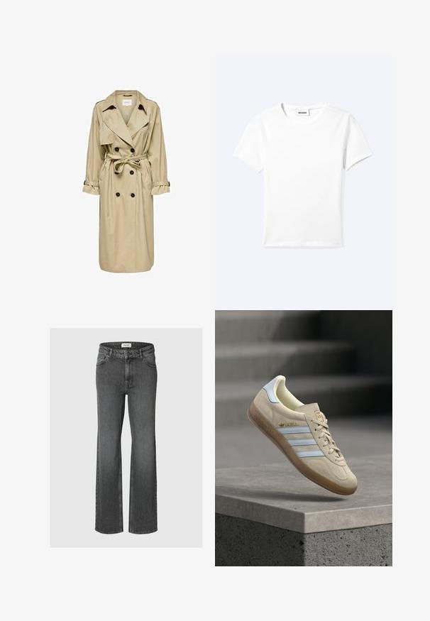 Manteau beige en trench avec un design à double boutonnage, grand col et ceinture. Il présente des manches longues avec des poignets ajustables et des poches latérales.; T-shirt blanc uni à manches courtes et col rond avec une petite étiquette "WEEKDAY" à l'intérieur de l'encolure, présenté à plat sur un fond clair.; Jean droit en denim gris foncé avec poches avant et arrière, fermeture par bouton et passants de ceinture.; Baskets en daim beige avec des rayures bleu clair, dotées d'une semelle en gomme, du logo doré "Gazelle" et d'un design classique à lacets, posées sur une surface grise.
