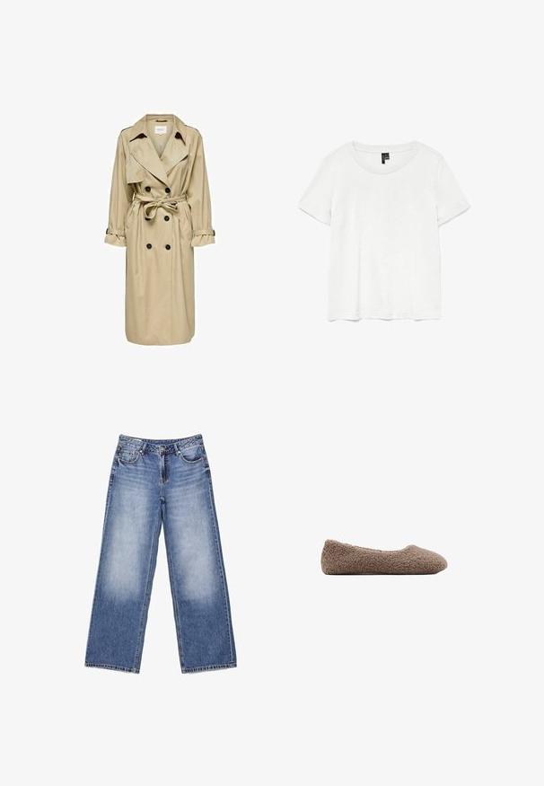 Beige trenchcoat med dobbeltknaplukning, stor krave og bælte. Den har lange ærmer med justerbare manchetter og sidelommer.; Hvid kortærmet t-shirt med rund halsudskæring, lavet af letvægtsstof. Enkel design, glat tekstur og lige kant.; Lyseblå denim jeans med vide ben, forlommer, bæltestropper, knaplukning og diskret falming på forlårene.; Brun, fleece-fodret ballet flats med rund tå. Blød tekstur og sømløst design, der har en lav profil. Ingen synlige detaljer.