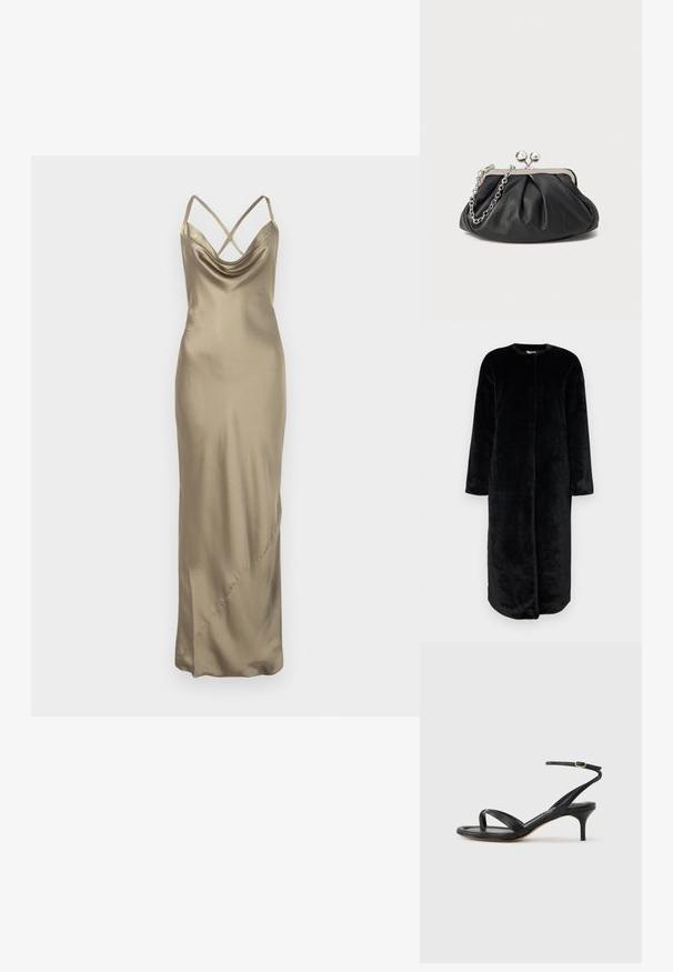 Zwarte lange jas van zacht, pluizig materiaal. Voorzien van een ronde halslijn, lange mouwen en een rechte snit zonder zichtbare sluitingen.; Champagne-kleurige satijnen slipdress met gekruiste spaghetti-bandjes en een gedrapeerde halslijn, vloerlengte met subtiele zijnaden.; Zwarte leren dames sandaal met dunne bandjes, een teengreep, een enkelgesp en een stilettohak van gemiddelde hoogte op een neutrale achtergrond.; Zwarte leren clutch met geplooide textuur, zilverkleurig metalen frame, drukknopsluiting en kettingriem. Glad, zacht oppervlak.