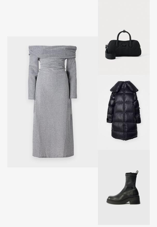 Schwarze Daunenjacke mit großem Kragen, mit gesteppten Abschnitten, einem zentralen Reißverschluss und elastischen Bündchen. Glatte, glänzende Textur.; Schulterfreies Kleid in Hellgrau mit dezenten vertikalen Streifen, tailliertem Schnitt, langen Ärmeln und fließender Silhouette. Weicher Stoff.; Schwarze Lederstiefeletten mit einer runden Zehenpartie, seitlichem Reißverschluss, niedrigem Blockabsatz und sauberer Naht. Strukturiert Oberfläche mit glatter Verarbeitung.; Schwarze, gesteppte, rechteckige Handtasche mit zwei oberen Griffen, abnehmbarem breitem Schulterriemen und kleiner, gebrandeter Metallplatte in der Mitte auf der Vorderseite.