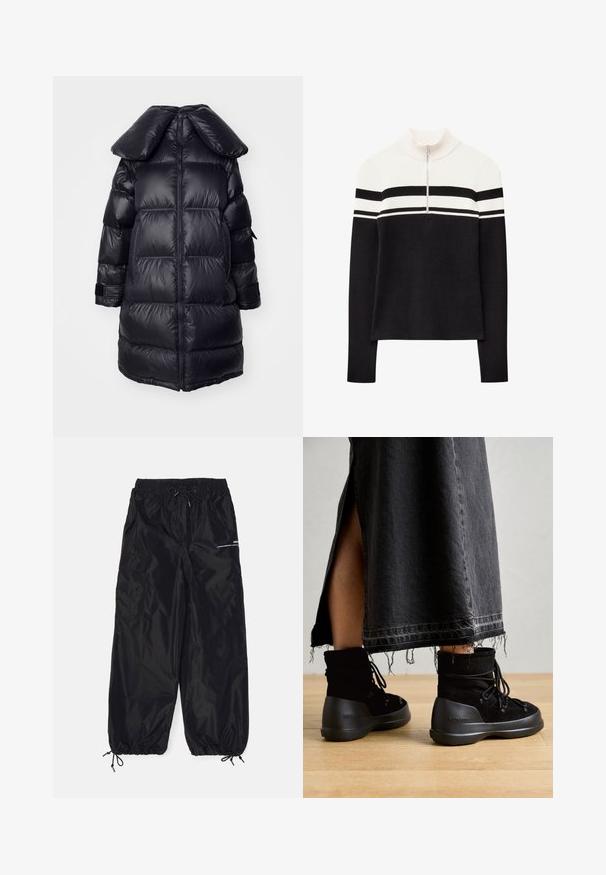 Manteau doudoune noir avec un grand col, présentant des sections matelassées, une fermeture éclair centrale et des poignets élastiques. Texture de tissu lisse et brillant.; Pull en tricot côtelé noir et blanc avec un col montant, fermeture zippée à mi-hauteur et accents à rayures horizontales sur la poitrine et les manches.; Pantalons cargo noirs en nylon brillant avec une taille élastique, cordon de serrage réglable, poches latérales et poignets élastiques.; Bottines noires en daim, avec un bout arrondi, un laçage et une semelle en caoutchouc épaisse et texturée. Une jupe en denim à ourlet brut est visible.