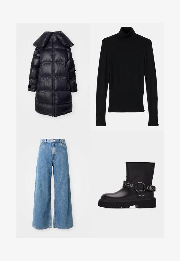 Abrigo inflable negro con un gran cuello, que presenta secciones acolchadas, una cremallera central y puños elásticos. Textura de tejido suave y brillante.; AERON TENDER LONG SLEEVED - Jersey de punto - black; Jeans de corte ancho de cintura alta en denim azul claro, con cierre frontal de botón y cremallera, y bolsillos delanteros sobre un fondo blanco.; Bota negra de cuero hasta la mitad de la pantorrilla con suela gruesa de tacos, correa decorativa con ojales y hebilla de metal plateado en el lateral.