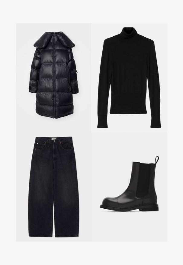 Schwarze Daunenjacke mit großem Kragen, mit gesteppten Abschnitten, einem zentralen Reißverschluss und elastischen Bündchen. Glatte, glänzende Textur.; AERON TENDER LONG SLEEVED - Strickpullover - black; Schwarze Jeans mit weitem Bein aus Denim, mit kupferfarbenen Knöpfen, zwei Fronttaschen und einer glatten Textur. Sauberes Design mit geradem Schnitt.; Schwarzer Leder-Stiefelette mit elastischem Seitenteil, abgerundetem Zehenbereich, Zuglasche an der Rückseite und niedrigem Absatz, in Seitenansicht vor weißem Hintergrund gezeigt.