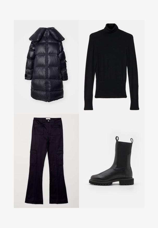 Schwarze Daunenjacke mit großem Kragen, mit gesteppten Abschnitten, einem zentralen Reißverschluss und elastischen Bündchen. Glatte, glänzende Textur.; AERON TENDER LONG SLEEVED - Strickpullover - black; Schwarze ausgestellte Cargo-Hosen mit zwei frontalen Taschen und zwei seitlichen Taschen, aus einem glatten Stoff mit einem subtilen Glanz.; AllSaints HALLIE - Plateaustiefelette - black