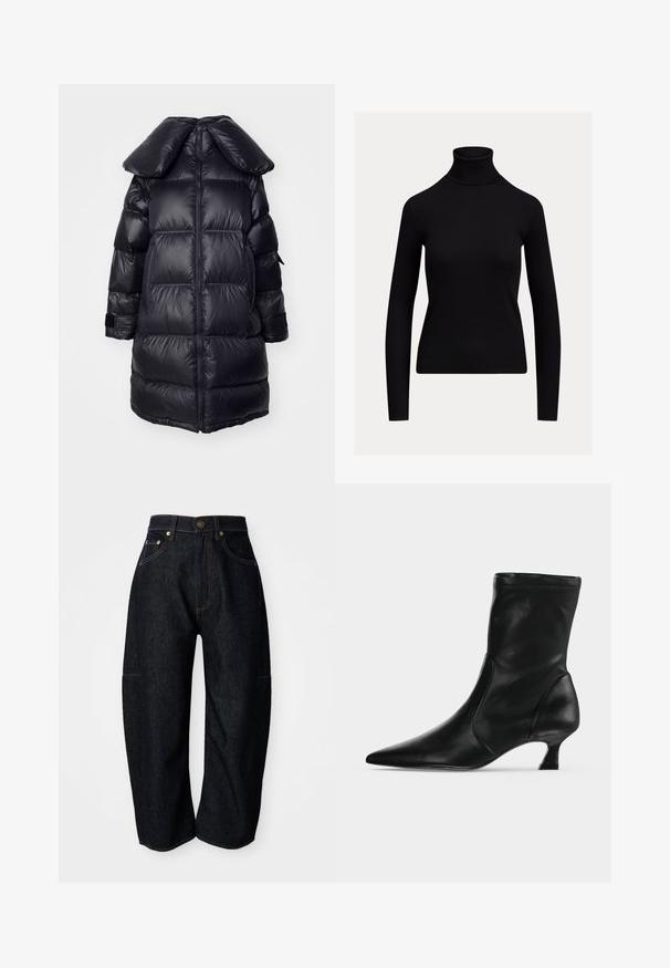 Abrigo inflable negro con un gran cuello, que presenta secciones acolchadas, una cremallera central y puños elásticos. Textura de tejido suave y brillante.; Jersey negro ajustado de cuello alto y manga larga con textura de canalé, mostrado sobre un fondo liso claro.; Jeans de mezclilla oscura con un corte relajado, que presentan costuras naranjas sutiles, bolsillos frontales y una cinturilla plana con un cierre de botón.; Bota negra de cuero hasta media pantorrilla con puntera puntiaguda y tacón bajo tipo kitten, vista de lado sobre un fondo claro y liso.