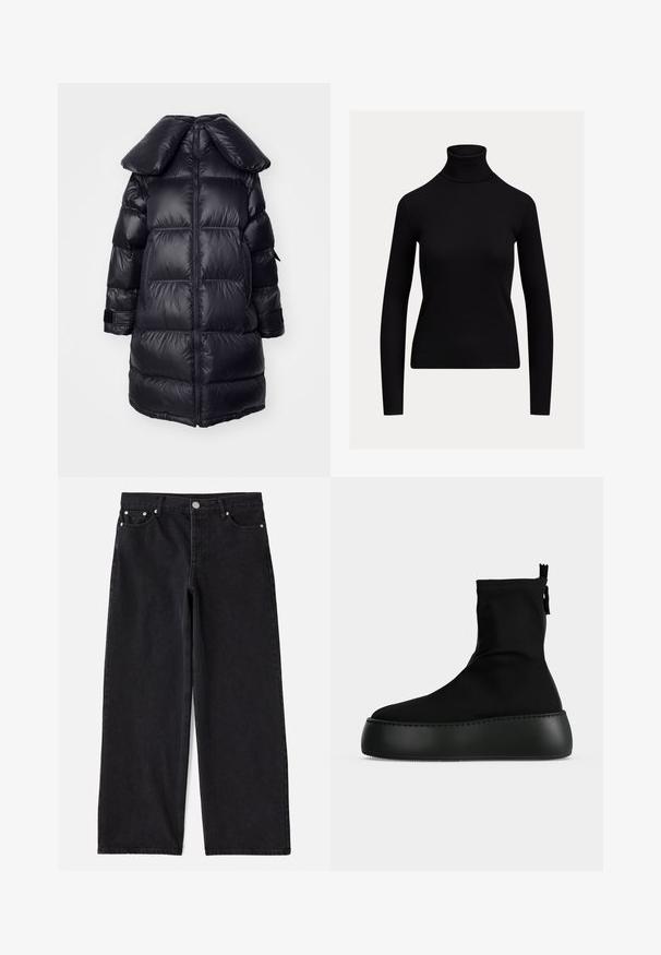 Manteau doudoune noir avec un grand col, présentant des sections matelassées, une fermeture éclair centrale et des poignets élastiques. Texture de tissu lisse et brillant.; Pull noir ajusté à manches longues avec col roulé et texture côtelée, présenté sur un fond clair uni.; Jean en denim noir à jambes larges avec cinq poches, fermeture à bouton et accessoires en métal argenté. Offre une silhouette propre et ajustée ainsi qu'une texture subtile.; Bottine noire à la cheville avec une semelle plateforme épaisse et une languette de fermeture éclair à l’arrière, présentée sur un fond clair uni.