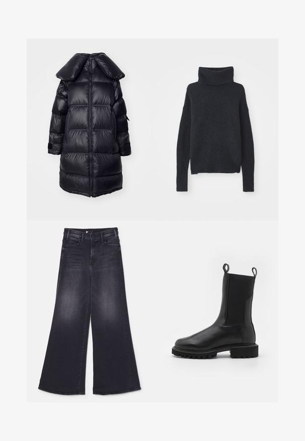 Manteau doudoune noir avec un grand col, présentant des sections matelassées, une fermeture éclair centrale et des poignets élastiques. Texture de tissu lisse et brillant.; Pull à col roulé bleu foncé en tissu doux et texturé. Il présente des manches longues, une coupe ample et des détails côtelés au col et aux poignets.; Mother LIL HUSTLER ROLLER SNEAK - Wide Leg - not today satan; AllSaints HALLIE - Bottines à plateau - black
