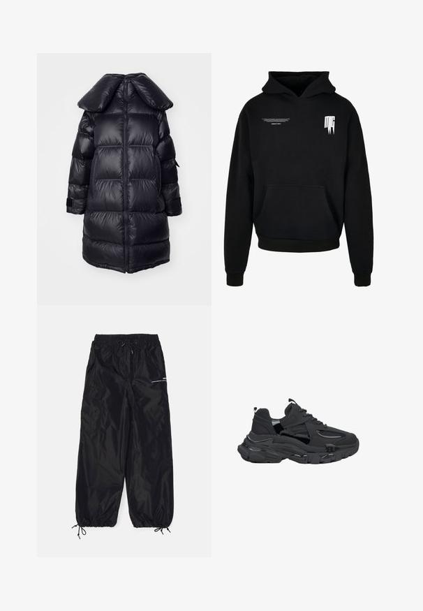 Schwarze Daunenjacke mit großem Kragen, mit gesteppten Abschnitten, einem zentralen Reißverschluss und elastischen Bündchen. Glatte, glänzende Textur.; Schwarzer Kapuzenpullover mit Fronttasche, kleinem weißen Text auf der oberen linken Brust und stilisiertem "MG"-Logo auf der oberen rechten Brust.; Schwarze Cargo-Hosen aus glänzendem Nylon mit elastischem Bund, verstellbarem Kordelzug, Seitentaschen und elastischen Bundabschlüssen.; Schwarzer Sneaker mit einer klobigen Sohle. Verfügt über eine Mischung aus matten und glänzenden Texturen, Netzeinsätze und eine gepolsterte Zunge für zusätzlichen Komfort.