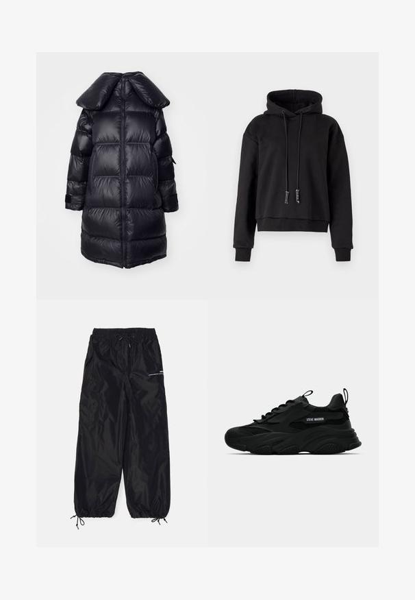 Manteau doudoune noir avec un grand col, présentant des sections matelassées, une fermeture éclair centrale et des poignets élastiques. Texture de tissu lisse et brillant.; Hoodie noir raccourci en tissu doux, doté d'une capuche à cordon, de manches longues et de poignets côtelés au bas et aux manches.; Pantalons cargo noirs en nylon brillant avec une taille élastique, cordon de serrage réglable, poches latérales et poignets élastiques.; Sneaker chunky noir Steve Madden avec des panneaux en mesh, semelle épaisse, languette et tirant au talon, lettrage du logo sur le côté, montré de profil.
