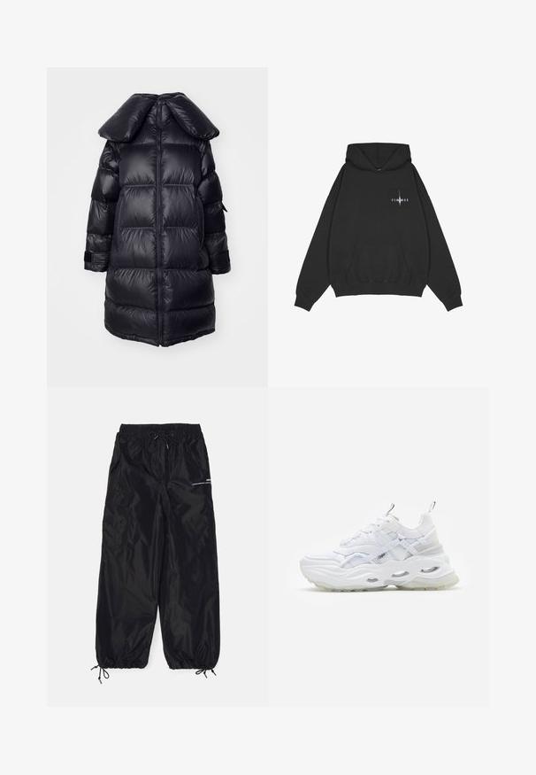 Abrigo inflable negro con un gran cuello, que presenta secciones acolchadas, una cremallera central y puños elásticos. Textura de tejido suave y brillante.; Pegador Jersey con capucha - washed black; Pantalones cargo negros hechos de nailon brillante con una cinturilla elástica, cordón ajustable, bolsillos laterales y puños elásticos.; Zapatilla blanca con suela gruesa, parte superior de malla y sintético en capas, con acentos estampados, sistema de cordones y tira de agarre.