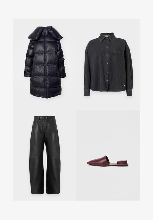 Schwarze Daunenjacke mit großem Kragen, mit gesteppten Abschnitten, einem zentralen Reißverschluss und elastischen Bündchen. Glatte, glänzende Textur.; Schwarzes Jeanshemd mit Knopfleistenkragen, langen Ärmeln und einer einzelnen Brusttasche. Es zeichnet sich durch eine lockere Passform und dezente Nähte aus.; Schwarze, hoch taillierte weite Ledershorts mit vorderem Knopf, Reißverschluss und zwei vorderen Taschen, vor weißem Hintergrund dargestellt.; Burgunderfarbene Leder-Slipper mit spitzem Zeh, offener Ferse und gepolstertem Fersenakzent. Glatte Textur und minimalistisches Design.