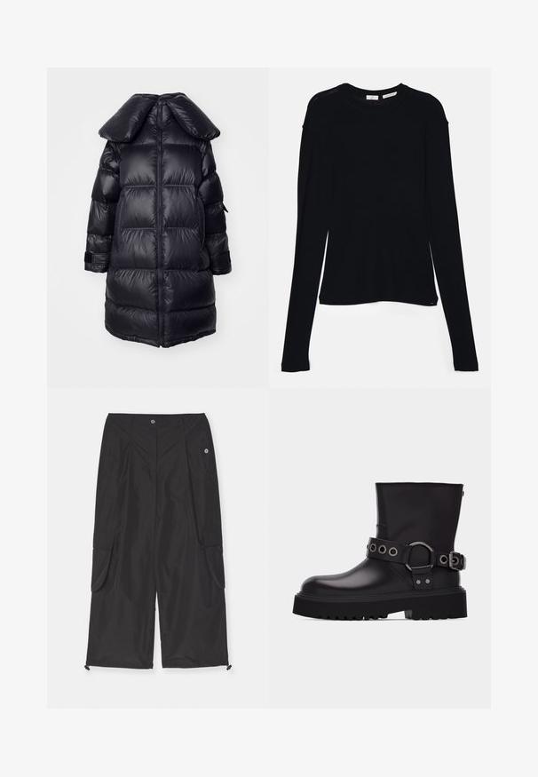 Abrigo inflable negro con un gran cuello, que presenta secciones acolchadas, una cremallera central y puños elásticos. Textura de tejido suave y brillante.; Camiseta negra de manga larga hecha de tela suave, con un escote redondo y un corte relajado, con aberturas en los laterales del dobladillo para facilitar el movimiento.; Pantalones cargo negros hechos de una tela ligera que cuentan con bolsillos laterales, un dobladillo ajustable con cordón y un cierre de botón.; Bota negra de cuero hasta la mitad de la pantorrilla con suela gruesa de tacos, correa decorativa con ojales y hebilla de metal plateado en el lateral.